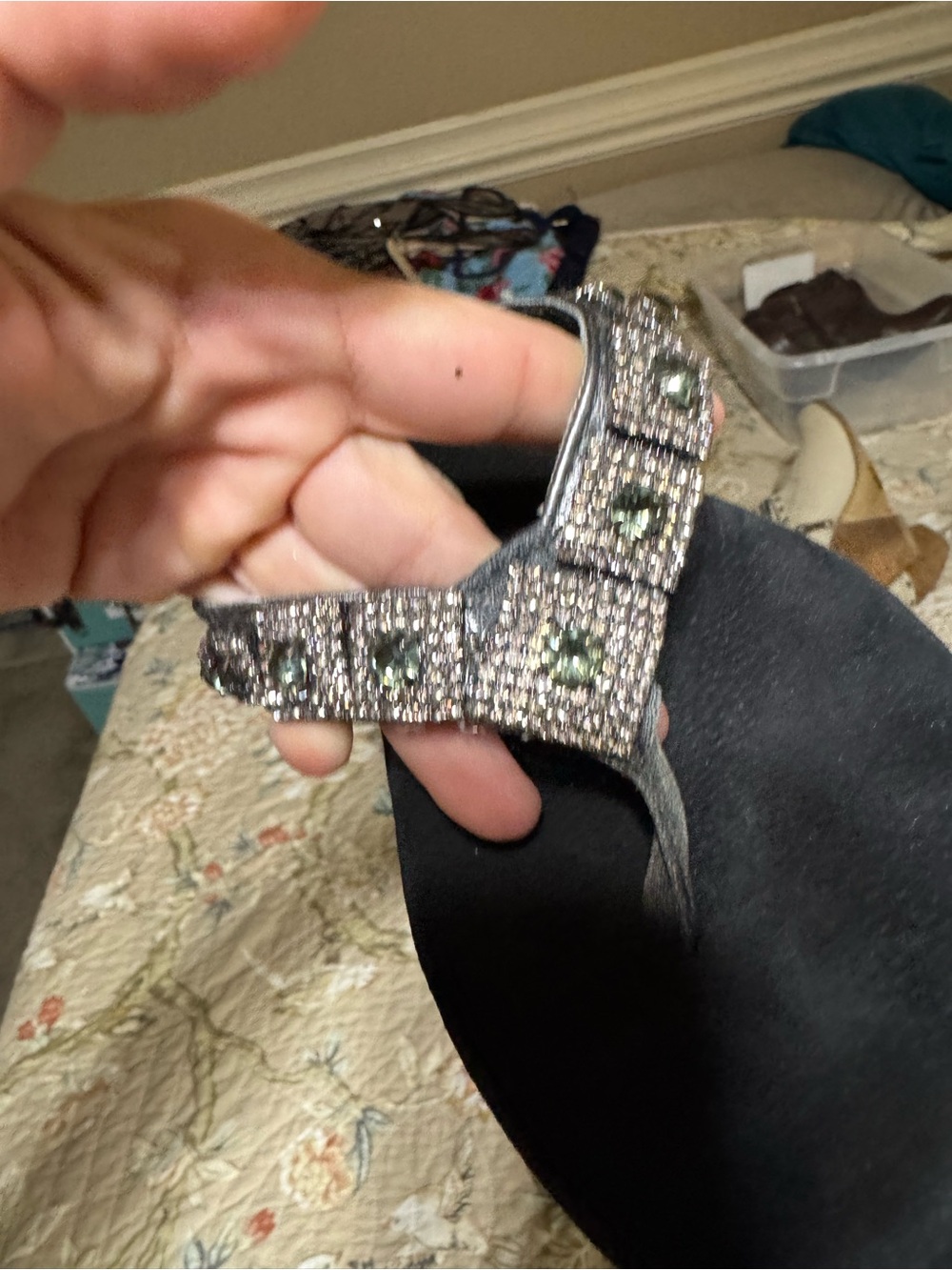 Volatile Black Thong Sandals with Green Crystal Detailing